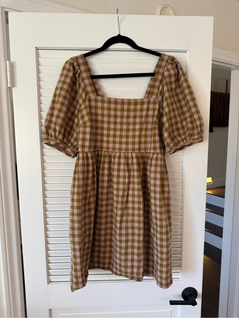 Madewell Dress Square Neck Puff Sleeve Gingham Seersucker in Spiced Olive sz M - Picture 2 of 5